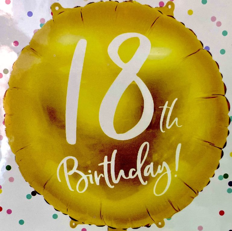 Folienballon `18th Birthday´; rund; 45cm; gold/weiß