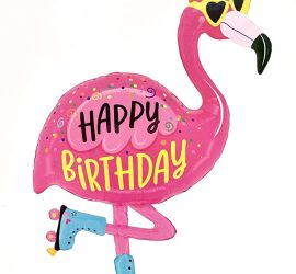 Folienballon Happy Birthday mit Flamingo mit Sonnenbrille und auf Rollschuhen