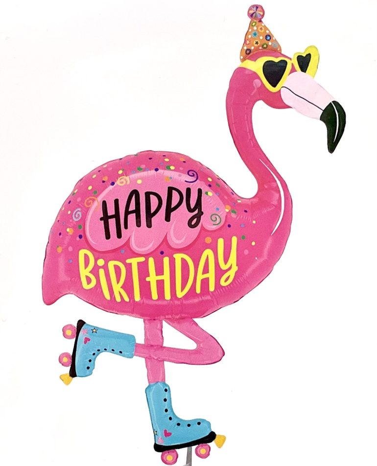 Folienballon Happy Birthday mit Flamingo mit Sonnenbrille und auf Rollschuhen