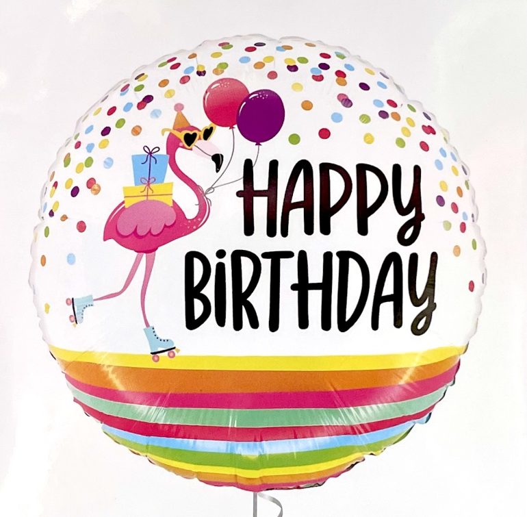 Folienballon Happy Birthday mit Flamingo mit Sonnenbrillen, Luftballon und auf Rollschuhen