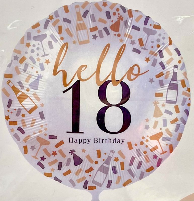 Folienballon `hello 18 Happy Birthday´; rund; 45cm; silber/gold/schwarz