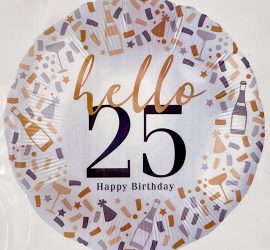 Folienballon `hello 25 Happy Birthday´; rund; 45cm; silber/gold/schwarz