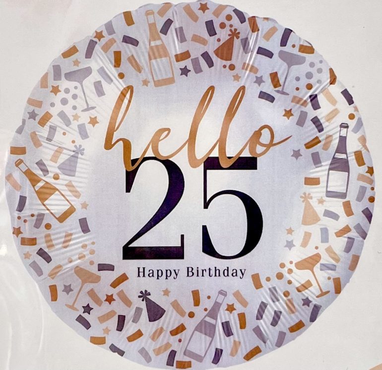 Folienballon `hello 25 Happy Birthday´; rund; 45cm; silber/gold/schwarz