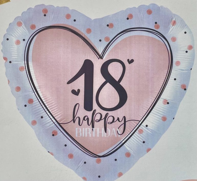 Folienherz `18 happy BIRTHDAY´; 45cm; silber/rosa