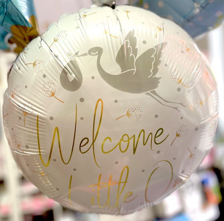 Folienballon `Welcome Little One´ mit Storch; 45cm; rund