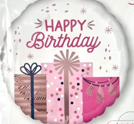 Folienballon Happy Birthday mit Geschenken; 45cm; rund