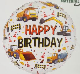 Folienballon Happy Birthday mit Baufahrzeugen; rund; 45cm